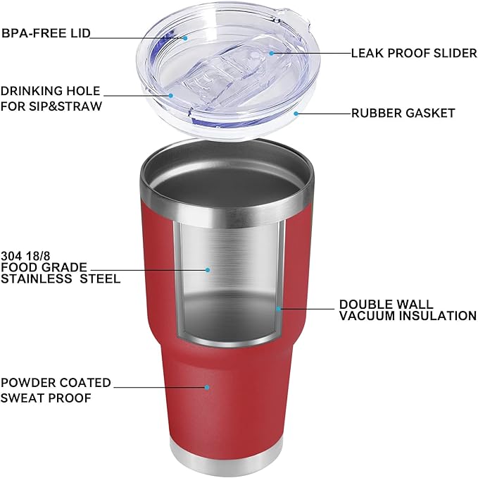 DOMICARE 30 oz Tumbler with Lid and Straw, Stainless Steel Tumblers Bulk, Insulated Vacuum Double Wall Travel Coffee Mug, Durable Powder Coated Tumbler Cups (Red, 4)