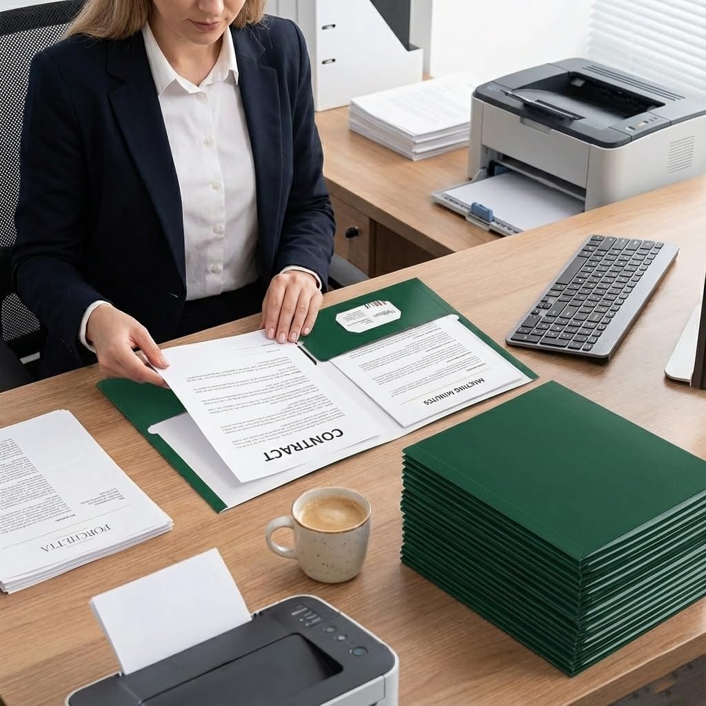 Zzrywuty File folders with Pockets,Green Two folders for documents,50 Pack Paper Folders with Card Slot,Letter Size,School Students,Business,Home and Office Workers
