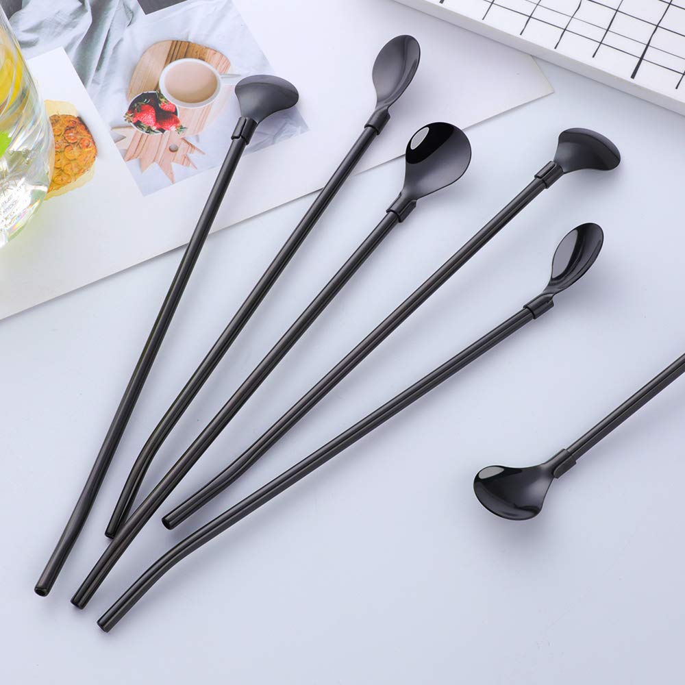 Straw Spoon, 8PCS 8.5inch 18/8(304) Stainless Steel Metal Straws Spoon Reusable Straws Spoon + 2 Brushes（Black）
