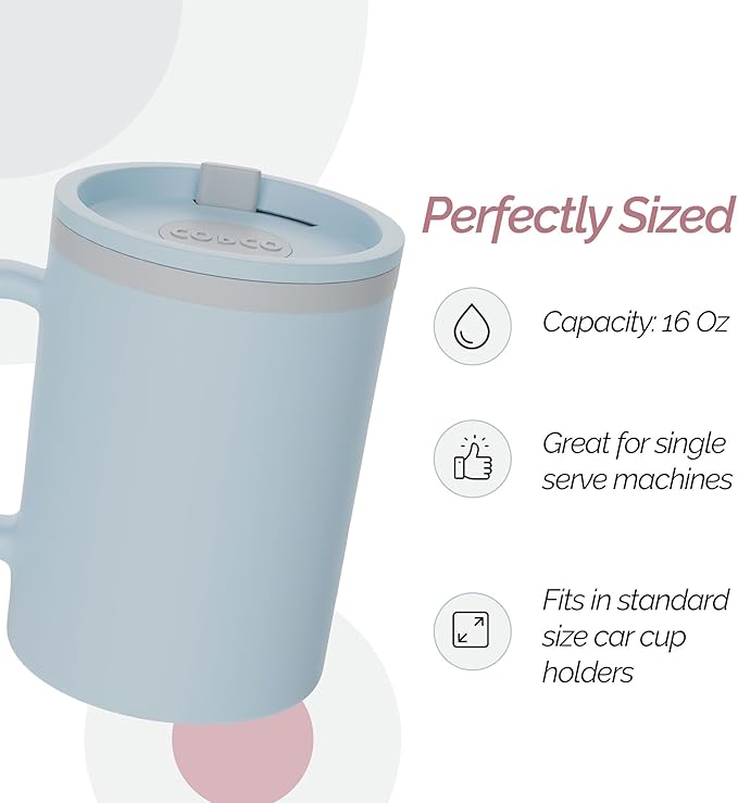 Copco Iconic 16oz Double Wall Insulated Desk Mug with Lid and Handle, Set of 2, BPA-Free Reusable Plastic, Spill-Proof, Microwave & Dishwasher Safe, Wide Mouth, Cup Holder Friendly (Light Blue/Pink)