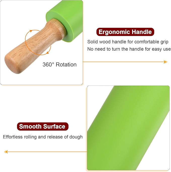 HARFINGTON Silicone Rolling Pins for Baking 17 Inch Wooden Handle Non Stick Rolling Pin Small Roller Playdough Rolling Pins for Dough Pizza Pastry Fondant Kitchen, Green