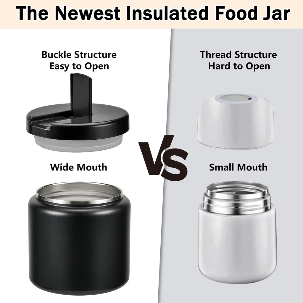 Reeple 26oz Kids Jar for Hot Food, Insulated Vacuum Food Jar with Buckle Lid, Stainless Steel Wide Mouth Leak Proof Insulated Lunch Container for School Picnic Travel, Black