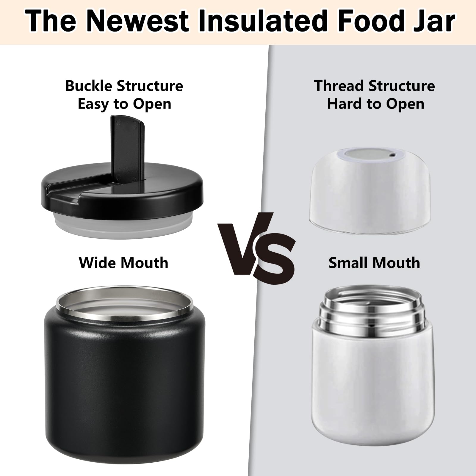 Reeple 26oz Kids Jar for Hot Food, Insulated Vacuum Food Jar with Buckle Lid, Stainless Steel Wide Mouth Leak Proof Insulated Lunch Container for School Picnic Travel, Black