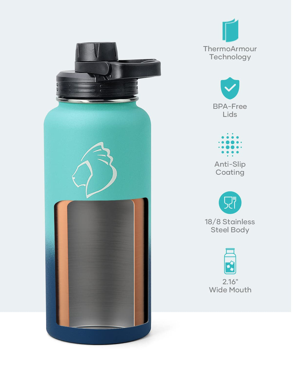 BUZIO 32 oz Water Bottle Insulated with Straw & 3 Lids (Cold for 48 Hrs)