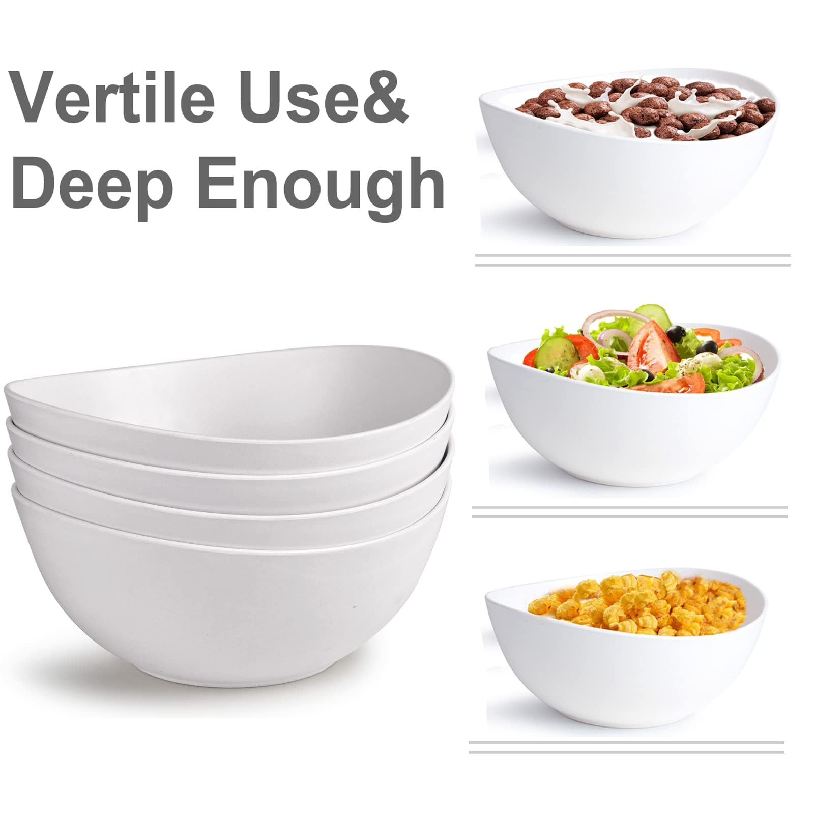 ECOHAGOU 9.6'' Serving Bowls, 84oz Bamboo Fiber Salad Bowl Set of 4, Deep Serving Bowls Set, Large Oval Individual Bowls for Eating Salad/Pasta/Cereal/Pho, Ideal for Home & Restaurant (Matte White)