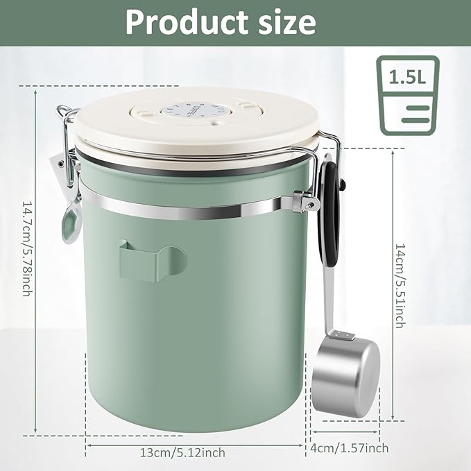 2Pcs Coffee Storage Canister 1.5L Double Airtight Coffee Beans Container with Date Locator 304 Stainless Steel Kitchen Food Storage Container with Spoon for Coffee Beans Grounds Tea,Green Sugar,Green