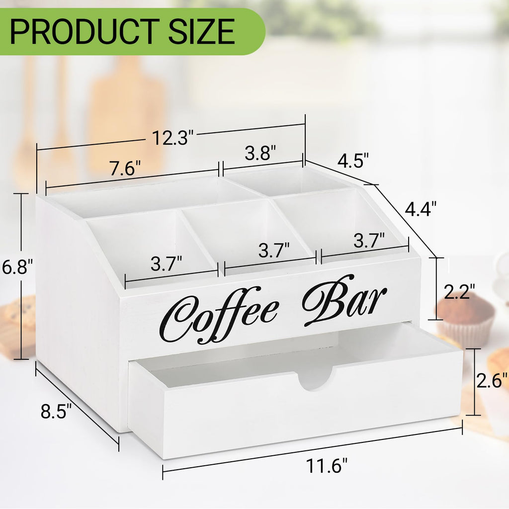 Coffee Bar Organizer Countertop, Wooden Bar Accessories With Drawer, Coffee Station Organizer Pods Holder Storage Basket, Farmhouse Tea Condiment Station