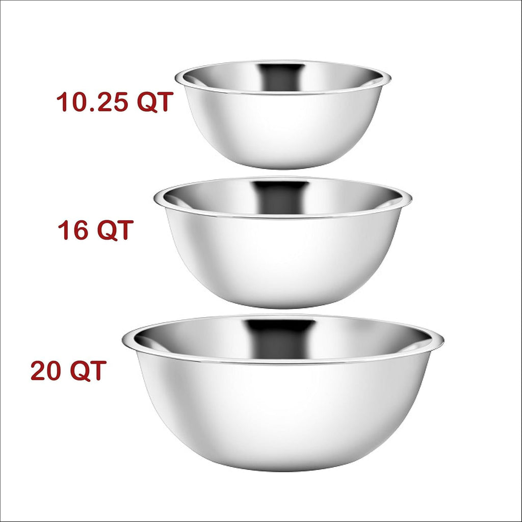 YBM HOME Stainless Steel Mixing Bowls Set of 3 – Nested Kitchen Prep Bowls for Baking, Cooking, Dough Mixing & Salad Serving (10.25, 16, 20 Quart Bowls Included)