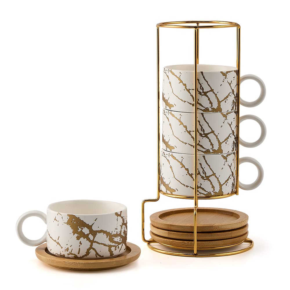 LUKA Porcelain Espresso Cup with Metal Stand,6 Ounce Stackable Ceramic Demitasse Espresso Mugs Cappuccino Cups Set for Latte,Coffee,Cafe Mocha,Tea - Set of 4 (Plaid Red & Gray)