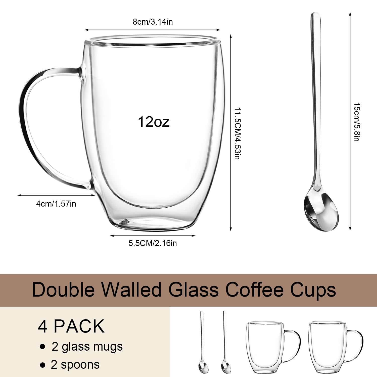 GOROGILE Double Wall Glass Coffee Mugs 12 OZ, Clear Coffee Cup With Handle,Insulated Coffee Mugs Set of 2 With Spoons Perfect for Espresso, Cappuccino, Latte, American,Tea Bag, Beverage