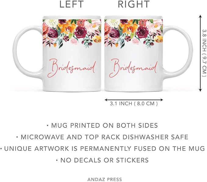 Andaz Press 11oz. Wedding Ceramic Coffee Tea Mug Gift, Fall Autumn Burgundy Orange Peach Flowers Roses Florals, Bridesmaid, 1-Pack, Includes Gift Box