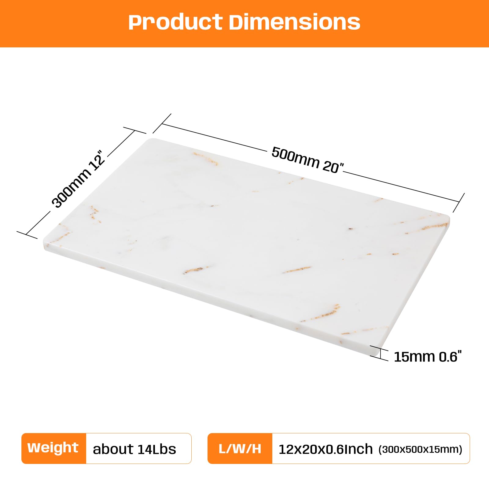 Adolif White Marble Cutting Board, Marble Slab Pastry Board With Non-Slip Feets For Baking, Cheese, Charcuterie, Chocolate, 12x20 Inch, Pack Of 1 Piece