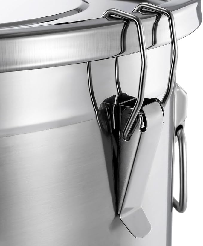 PERFERATE 304 Stainless Steel Airtight Canister 6L/12L Food Storage Bucket with Lids and Sturdy Locking Clamp Metal Cereal Rice Storage Container for Flour, Coffee Bean, Sugar, Cookie (48L)