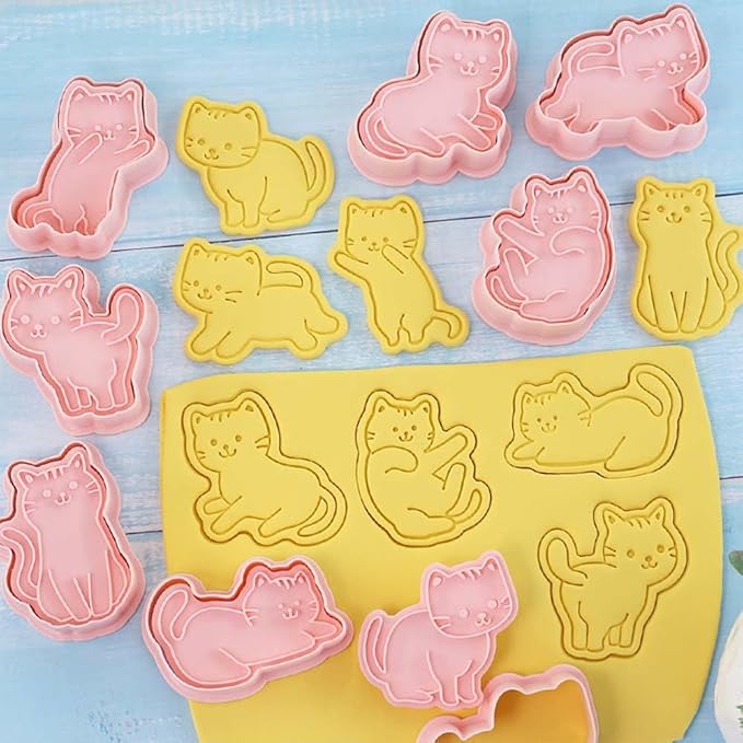 8pc 3D Cute Cat Cookie Stamps, Cupcake Pancake Apple Pie Pastry Biscuit Molds, Fruit & Sandwich Cutter Set for Cat Party Decorations