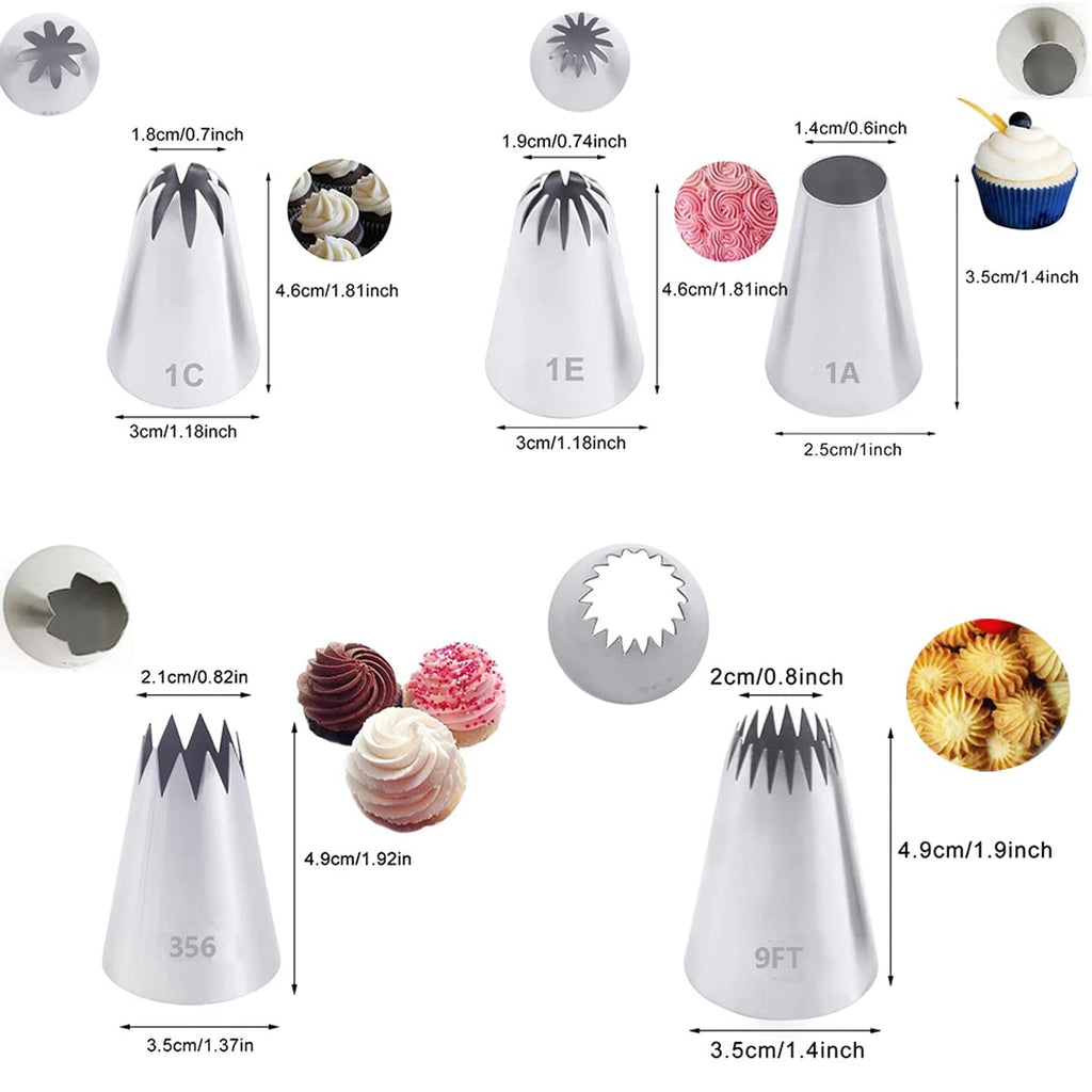 Piping Tips Large Pastry Tips Set,Cake Cream Decorating Tips for Frosting,Icing Piping Nozzle For Cupcakes Cakes Cookies(1A,1C,1E,356,9FT)