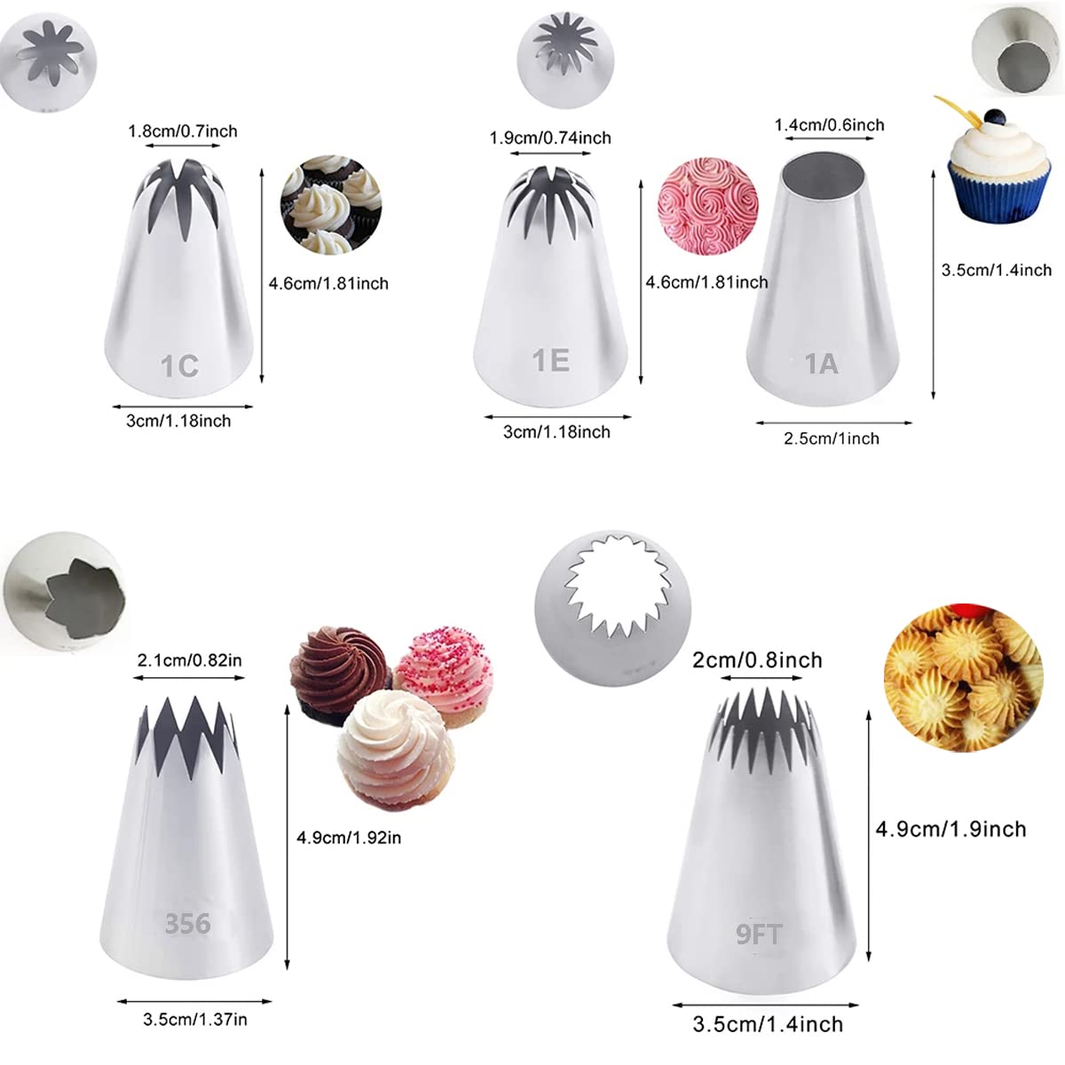 Piping Tips Large Pastry Tips Set,Cake Cream Decorating Tips for Frosting,Icing Piping Nozzle For Cupcakes Cakes Cookies(1A,1C,1E,356,9FT)
