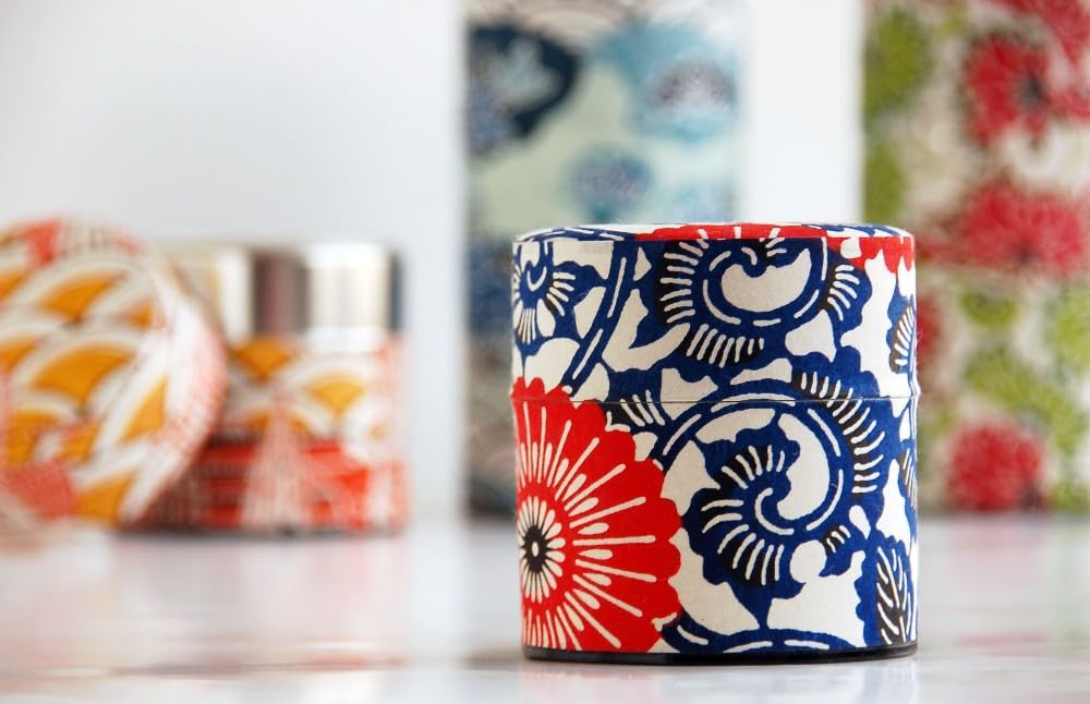 Waraku Fuuka Japanese Pokkan Matcha Coffee Spice Tea Tin Canister Washi Paper Storage with Lid 7.05 oz Capacity (Modern Seigaiha, S)