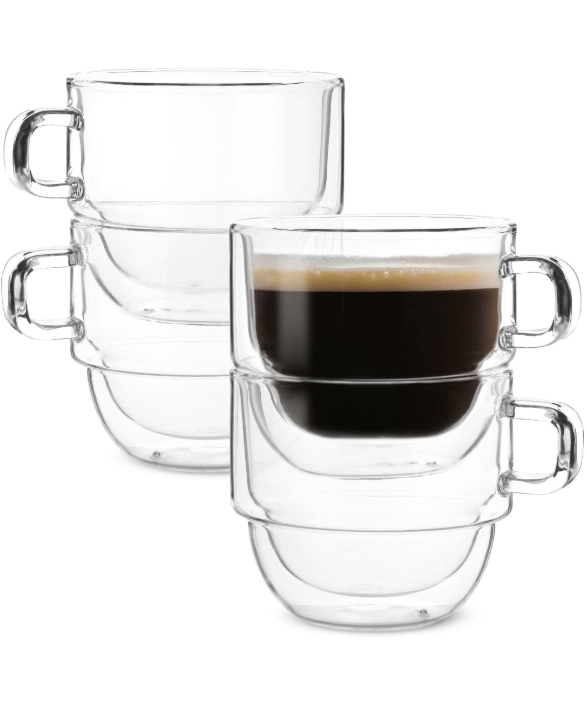 BTaT- Double Walled Stackable Glass Coffee Mugs, 8 oz, Set of 4, Glass Coffee Cups with Handle, Insulated Clear Coffee Mug for Hot and Cold Beverages, Cappuccino, Latte, Tea, Americano