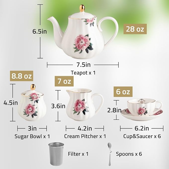 Porcelain Tea Sets British Royal Series, 8 OZ Cups & Saucer Service for 6, with Teapot Sugar Bowl Cream Pitcher Teaspoons and Tea Strainer, Suitable for High Tea, Wedding, Party (Midsummer Rose)