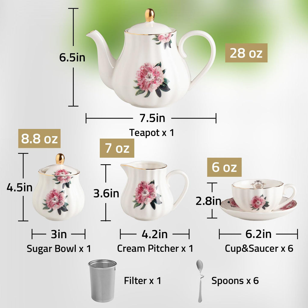 Sweejar Porcelain Tea Sets British Royal Series, 8 OZ Cups & Saucer Service for 6, with Teapot Sugar Bowl Cream Pitcher Teaspoons and Tea Strainer, Suitable for High Tea, Wedding, Party(Blush Pink)