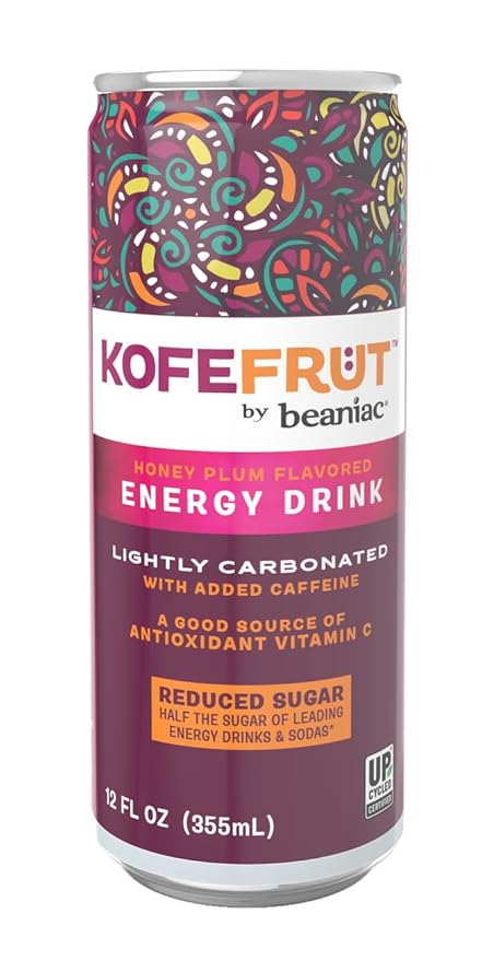 KOFEFRUT by beaniac Caffeinated Energy Drink, Honey Plum, Lightly Carbonated, Reduced Sugar, 80mg Caffeine, Polyphenols, Antioxidants, Vitamin C, 12 Fl Oz Can (Pack of 4)