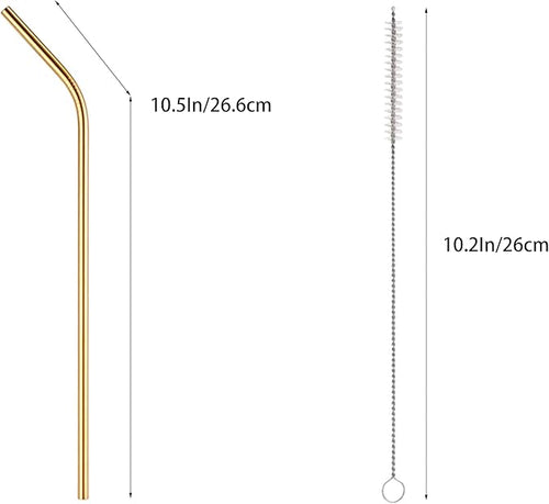 10 Pcs Stainless Steel Straws, Reusable Drinking Straws, Bent Metal Straw Sets with 2 Pcs Cleaning Brushes (Gold, 10.5 Inch)