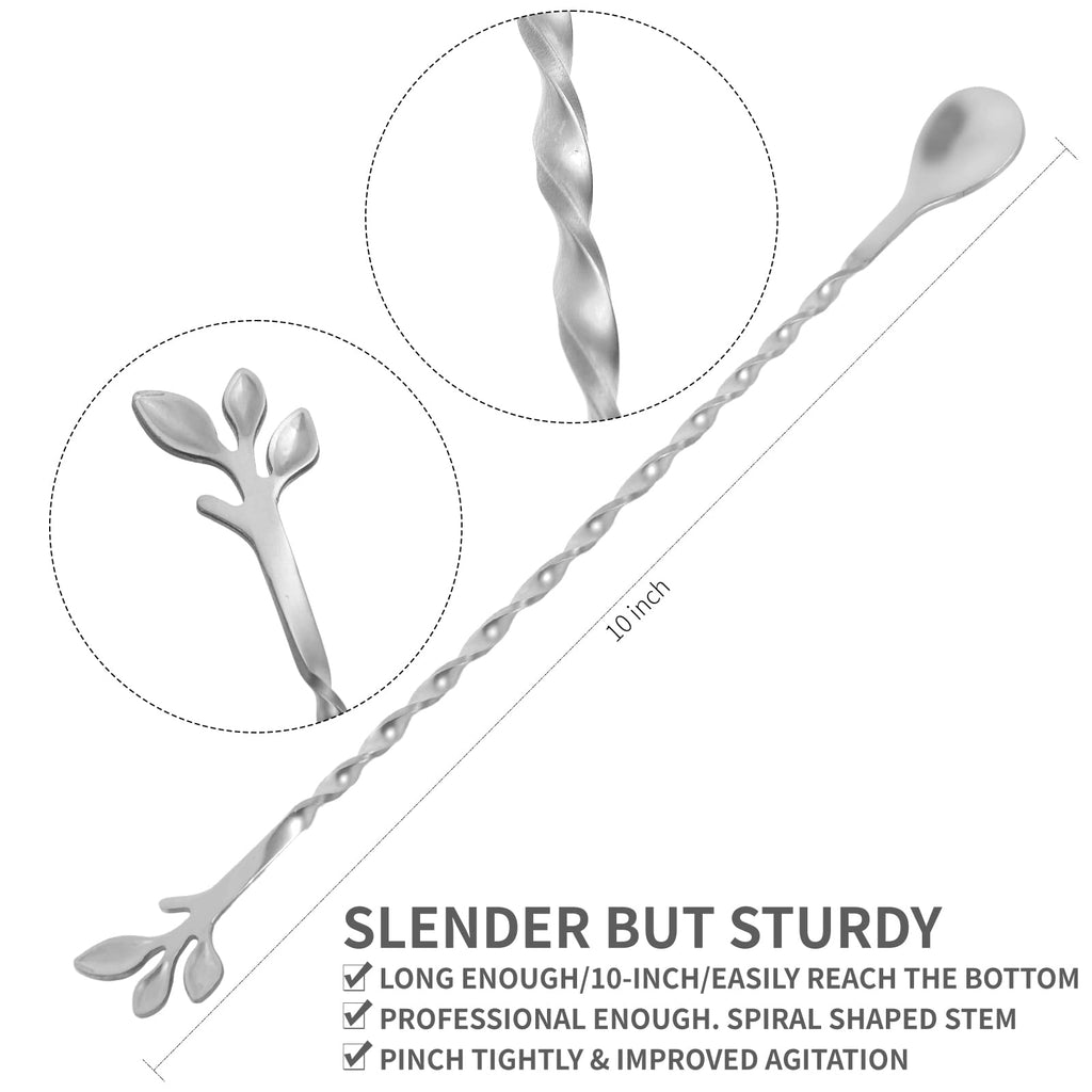 AnSaw Silver 10-Inch Stainless Steel Cocktail Spoon with Leaf Handle