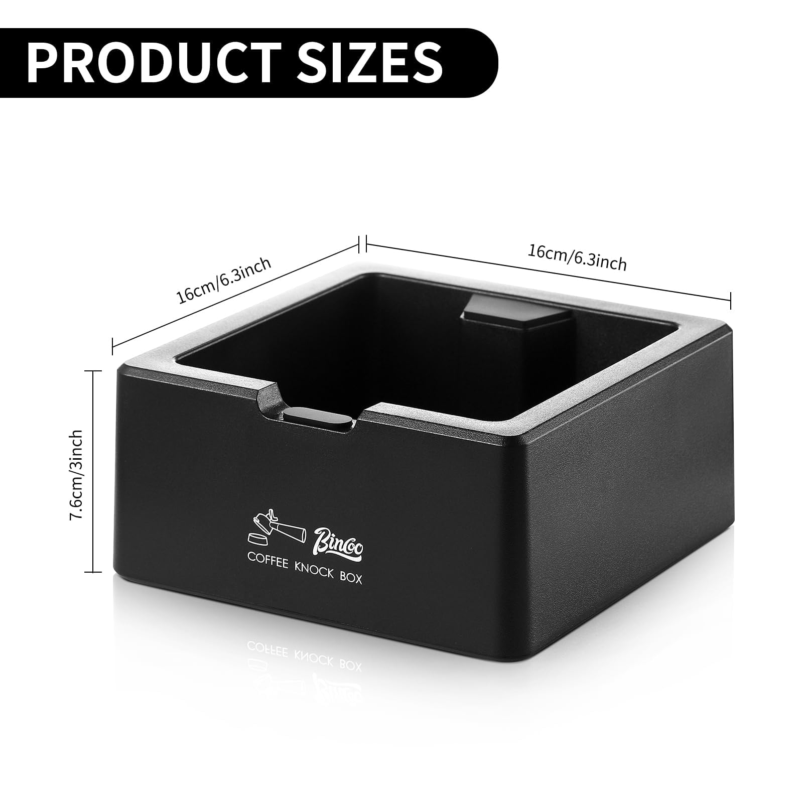 Bincoo Square Espresso knock Box 16cm /6.3 Inch Barista Style Coffee Knock Box for Grounds with Anti-Slip Base, Multi-functional Sturdy Espresso Dump Bin for Home/Office.. (black)