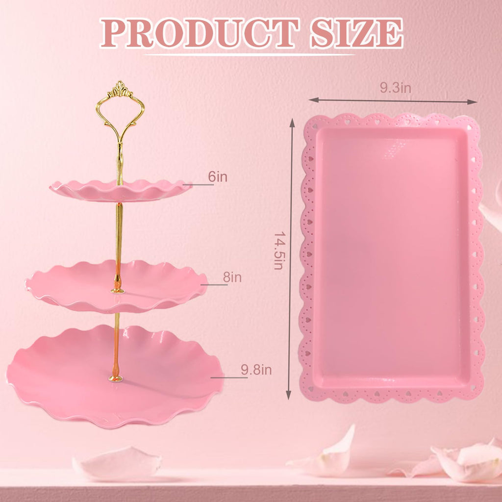 NAXIHOPT 5 Pcs Dessert Table Display Set, Pink Plastic 2 Pcs Round 3 Tier Cupcake Stand Cup Cake Tower Stand with Metal Rod & 3 Pcs Serving Tray for Baby Shower, Tea Party, Wedding, Birthday Party