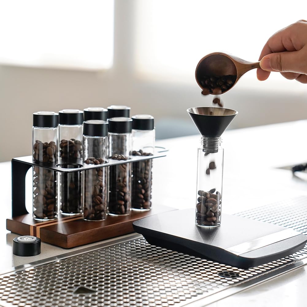 watchget Single Dose Coffee Storage Tubes 10 Pcs Dosing Glass Vials with One-way Exhaust Valve Lids Coffee Bean Storage Coffee Bean Cellar with Hopper & Wood Base, B