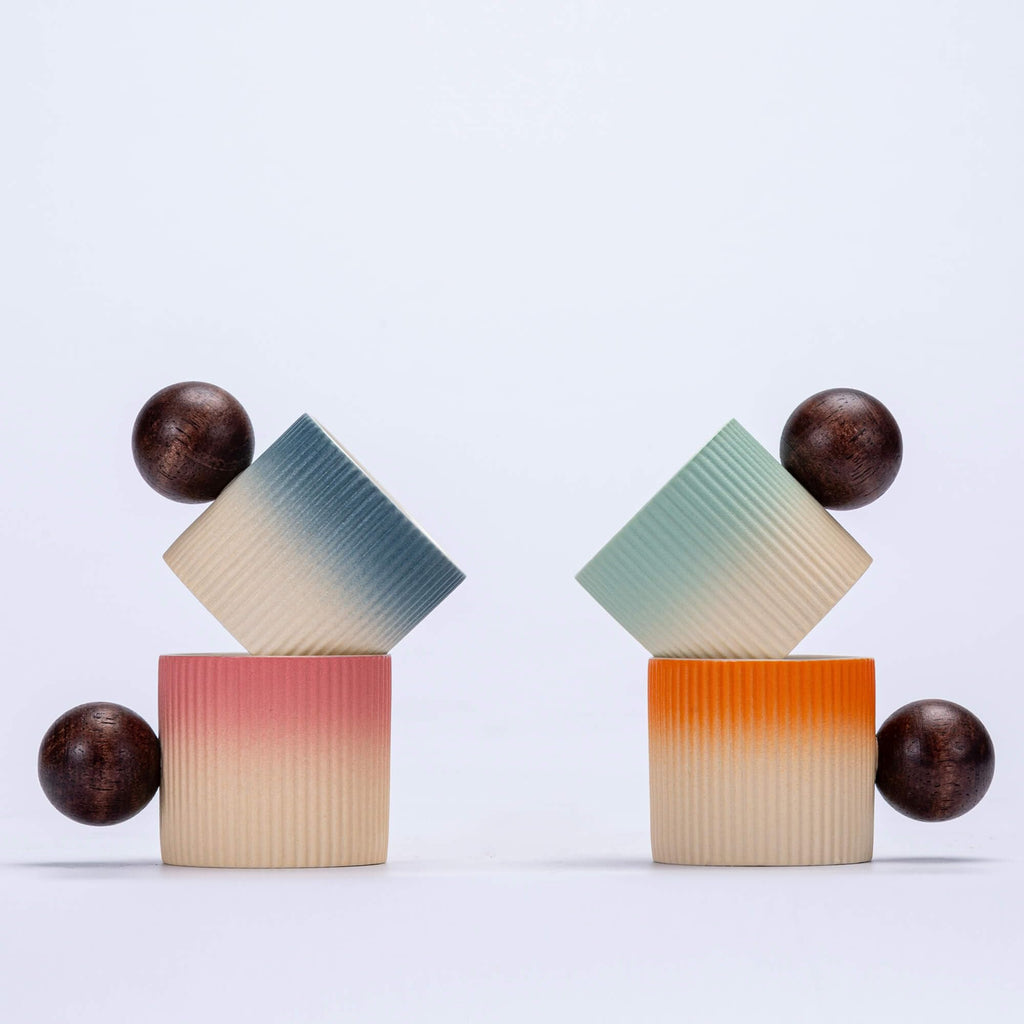 CLASGLAZ Ceramic Mini Espresso Cups Demitasse Cups with Round Wooden Handle Vertical Stripes Tea Cups (Beige&Green, 4pcs)