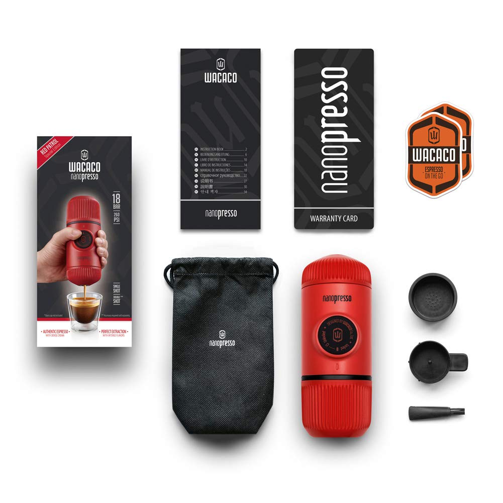 WACACO Nanopresso Portable Espresso Maker, Upgrade Version of Minipresso, 18 Bar Pressure, Red Patrol Edition, Small Travel Coffee Maker, Manually Operated, Compatible with Ground Coffee
