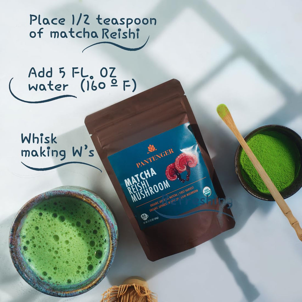Pantenger Matcha Green Tea Powder and Reishi Mushroom. 2.12 OZ (60 grams). USDA ORGANIC. Japanese Reishi Mushroom with Japanese Matcha Tea.