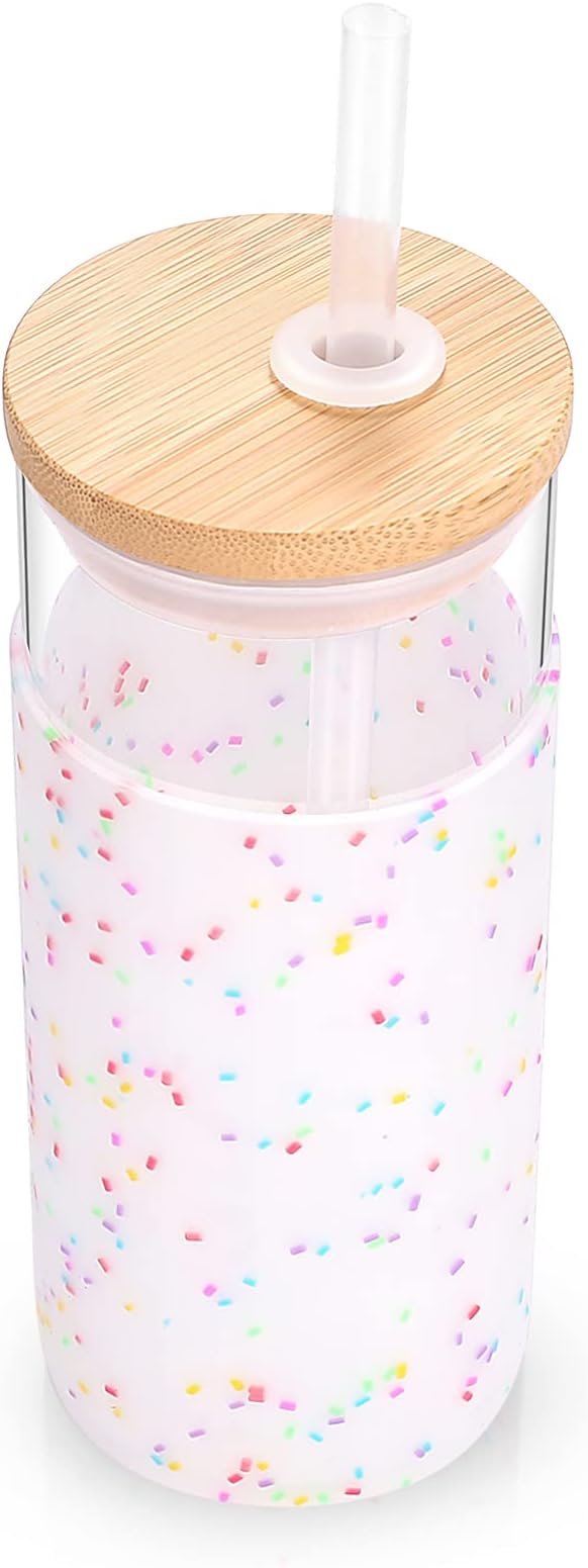 Tronco 20 oz Glass Tumbler Glass Water Bottle Straw Silicone Protective Sleeve Bamboo Lid - BPA Free (Colorful spots/ 2pack)