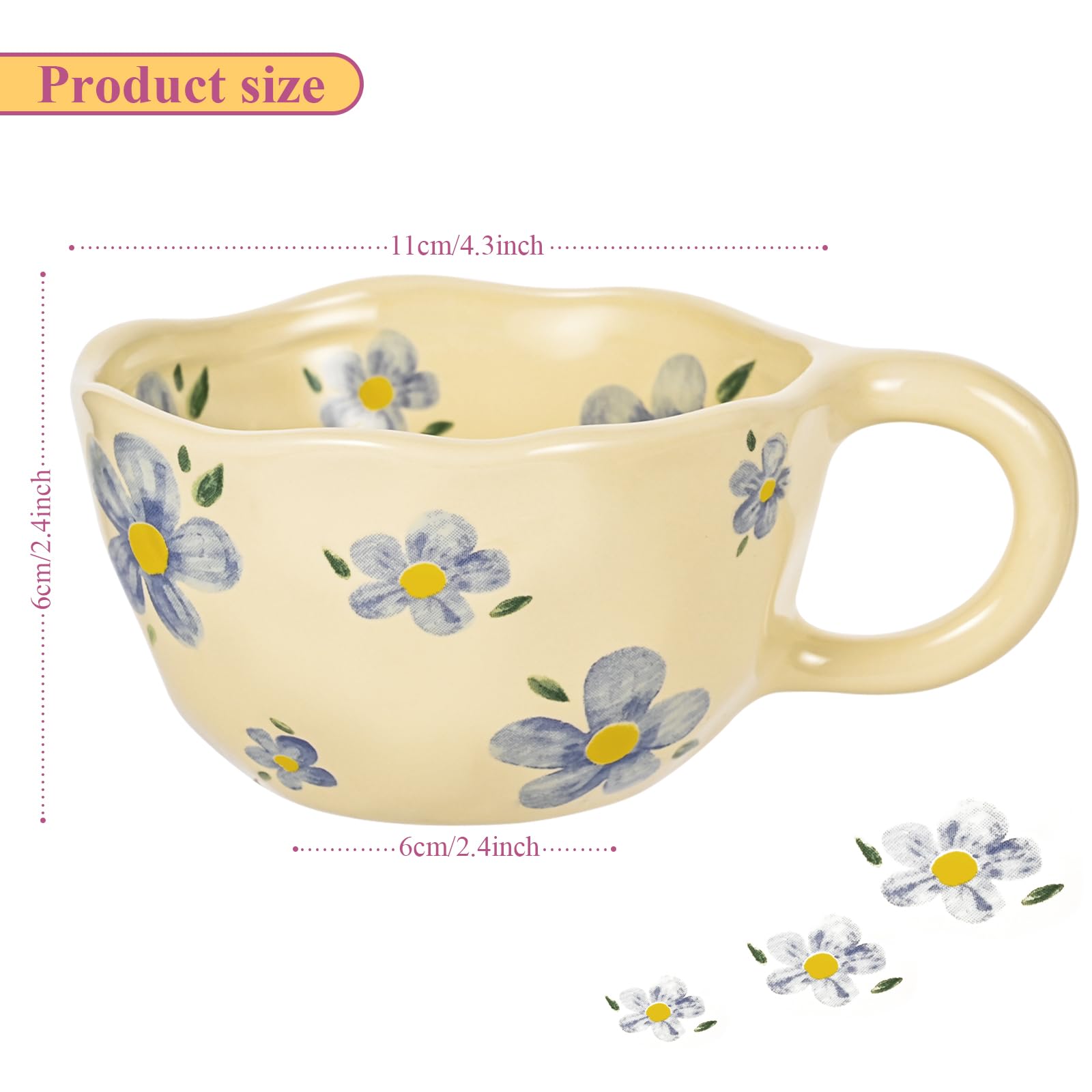 MAKCNMYM Ceramic Coffee Mug Vintage Flower Mugs 8 oz Cute Floral Coffee Mugs Irregular Latte Art Cup Lead-free Porcelain Cups for Cappuccino, Cocoa (4 Pack)