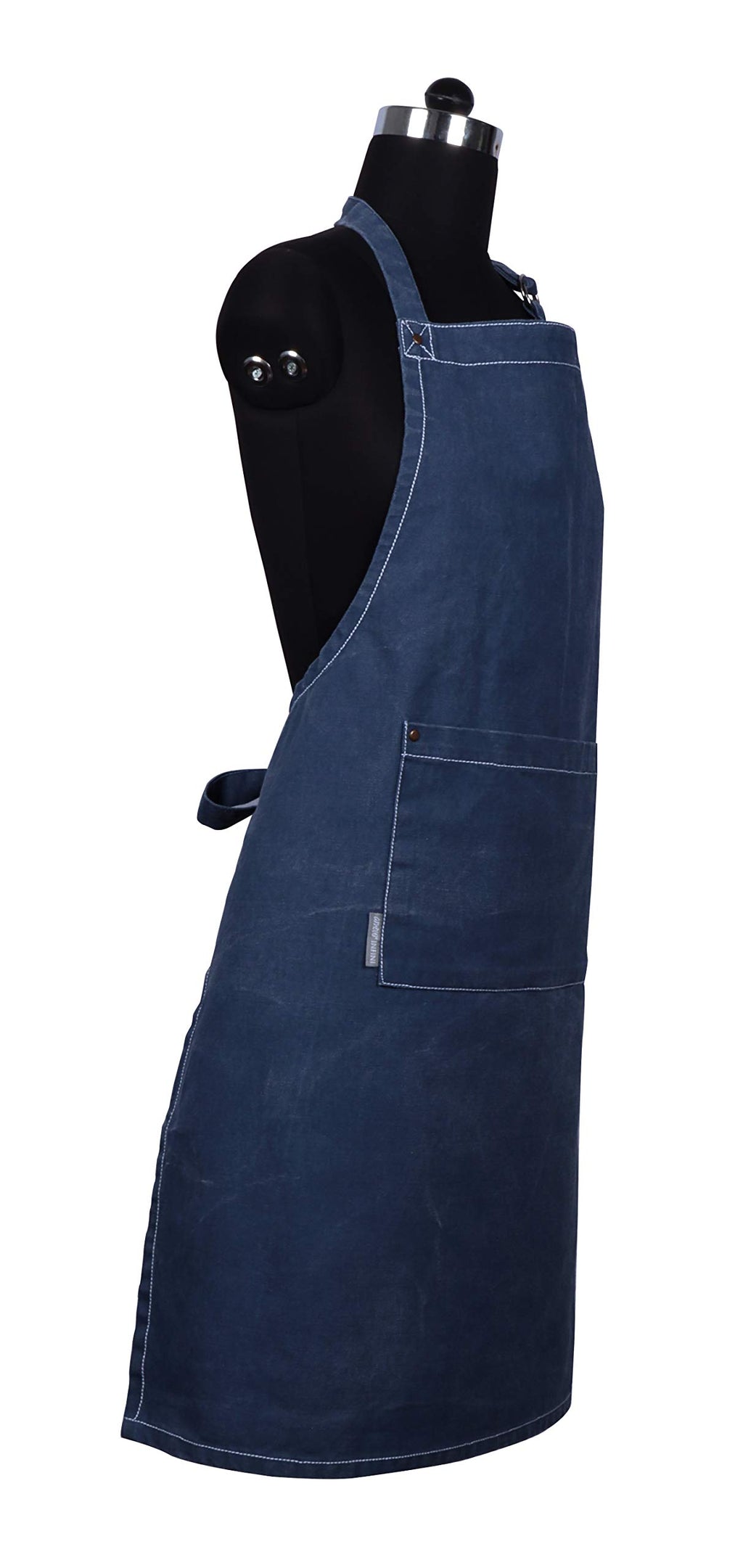 AMOUR INFINI Cotton Solid Aprons for Women with Pocket, Adjustable Strap and Waist Ties Washed Chef Aprons for Cooking, Baking and Gardening (27.5x33 Inches - Blue)