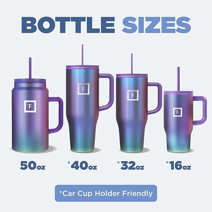IRON °FLASK Co-Pilot Insulated Mug w/Straw & Flip Cap Lids - Cup Holder Bottle for Hot, Cold Drink - Leak-Proof - Water, Coffee Portable Travel Mug - Lavender, 50 Oz