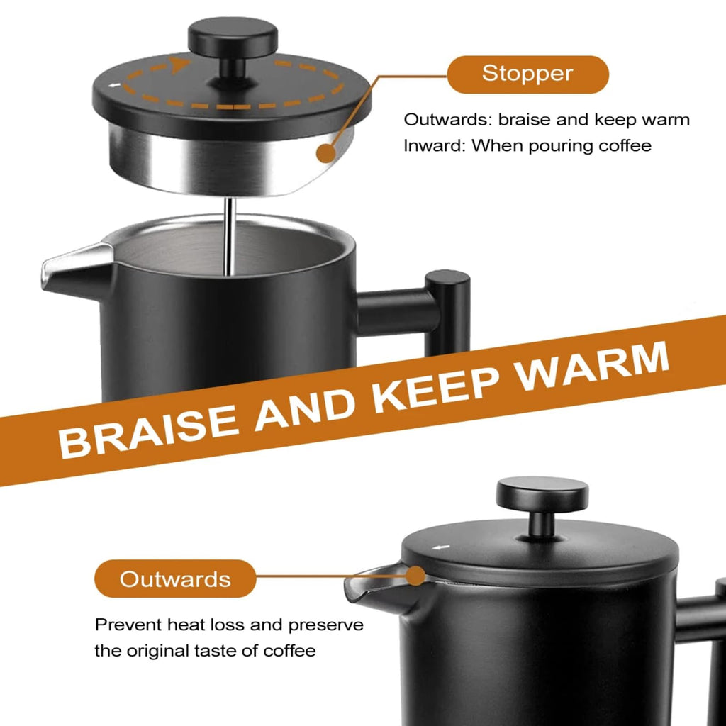 Coffito French Press Coffee Maker,Stainless Steel Double Wall Insulated Coffee Press 34 oz,4-8 Cups, Portable Hot Cold Brew Teapot Cafetera for Coffee Bar Accessories Kitchen Camping (Black,34oz)