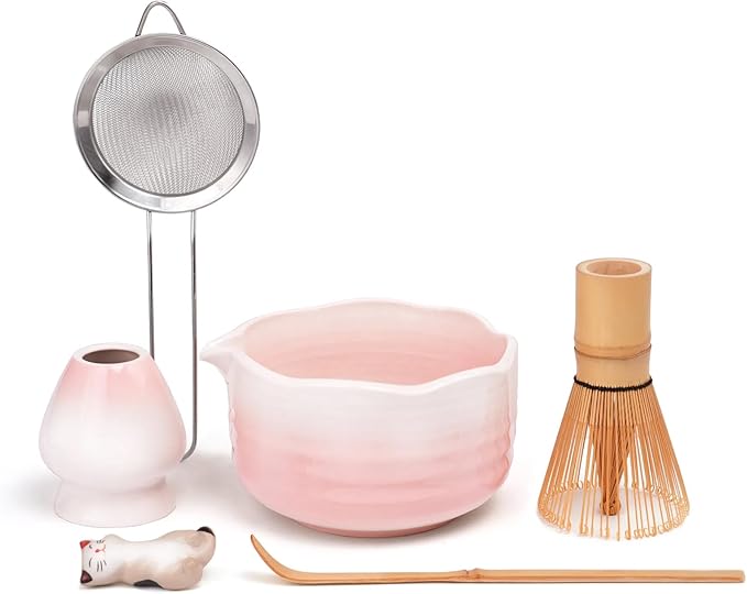 Pink Matcha Whisk Set, 6 Pcs Matcha Kit Includes Pink Matcha Bowl with Spout, Macha Whisk & Holder, Tea Scoop, Stainless Sifter, Cat Scoop Rest, Unique Macha Gifts for Women, Friend, Birthday