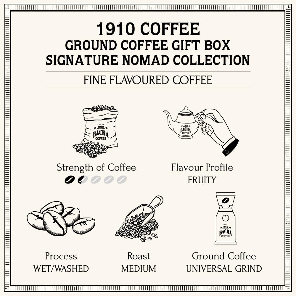 Bacha Coffee | 1910 Fine Flavoured, Ground Beans, Medium Roast, 100% Arabica Specialty Coffee, 250g Signature Nomad Collection, Gift Box