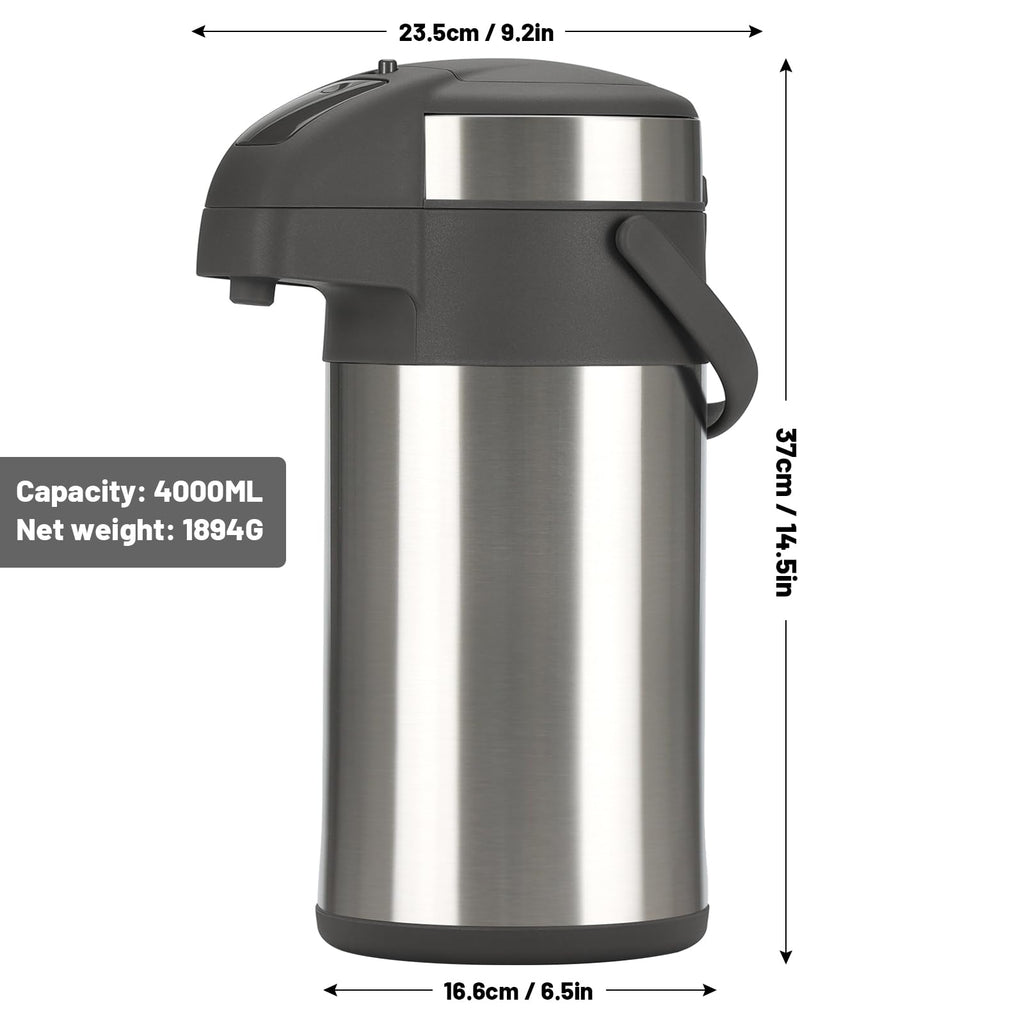 OJOJ 4L/133OZ Thermal Coffee Carafe with Pump, Thermal Beverage Dispenser, Coffee Airpot Stainless Steel Coffee Carafe for Hot Drinks Silver