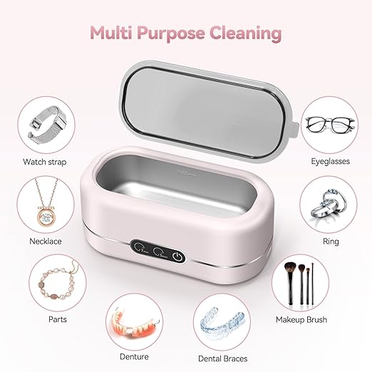 Ultrasonic Jewelry Cleaner, Upgraded 48KHz Ultrasonic Cleaner Machine with 304 Stainless Steel for Jewelry, Eyeglasses, Rings, Dentures, Watch Strap（Light Pink）