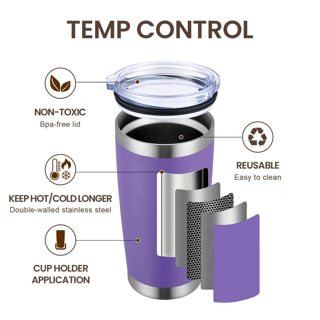 MEWAY 20oz Tumbler 8 Pack Double Wall Vacuum Insulated Travel Mug Bulk, Stainless Steel Tumblers with Lid and Straw, Durable Powder Coated Coffee Cups for Cold & Hot Drinks (Purple, 8)