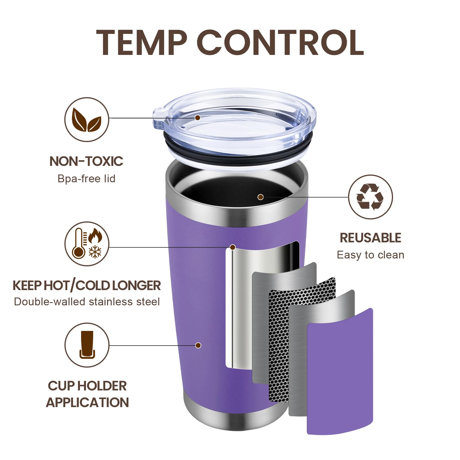 MEWAY 20oz Tumbler 4 Pack Double Wall Vacuum Insulated Travel Mug Bulk, Stainless Steel Tumblers with Lid and Straw, Durable Powder Coated Coffee Cups for Cold & Hot Drinks (Purple, 4)