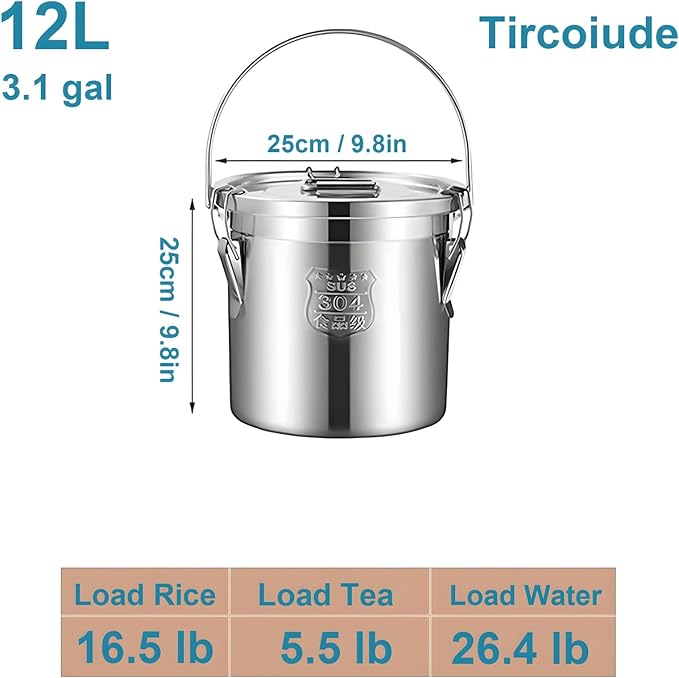 304 Stainless Steel Kitchen Airtight Canister, 12L 3.1 gal Rice Oil Food Storage Bucket Transport Can with andles Airtight Lid for Rice Flour Grain Coffee Bean Pail Container