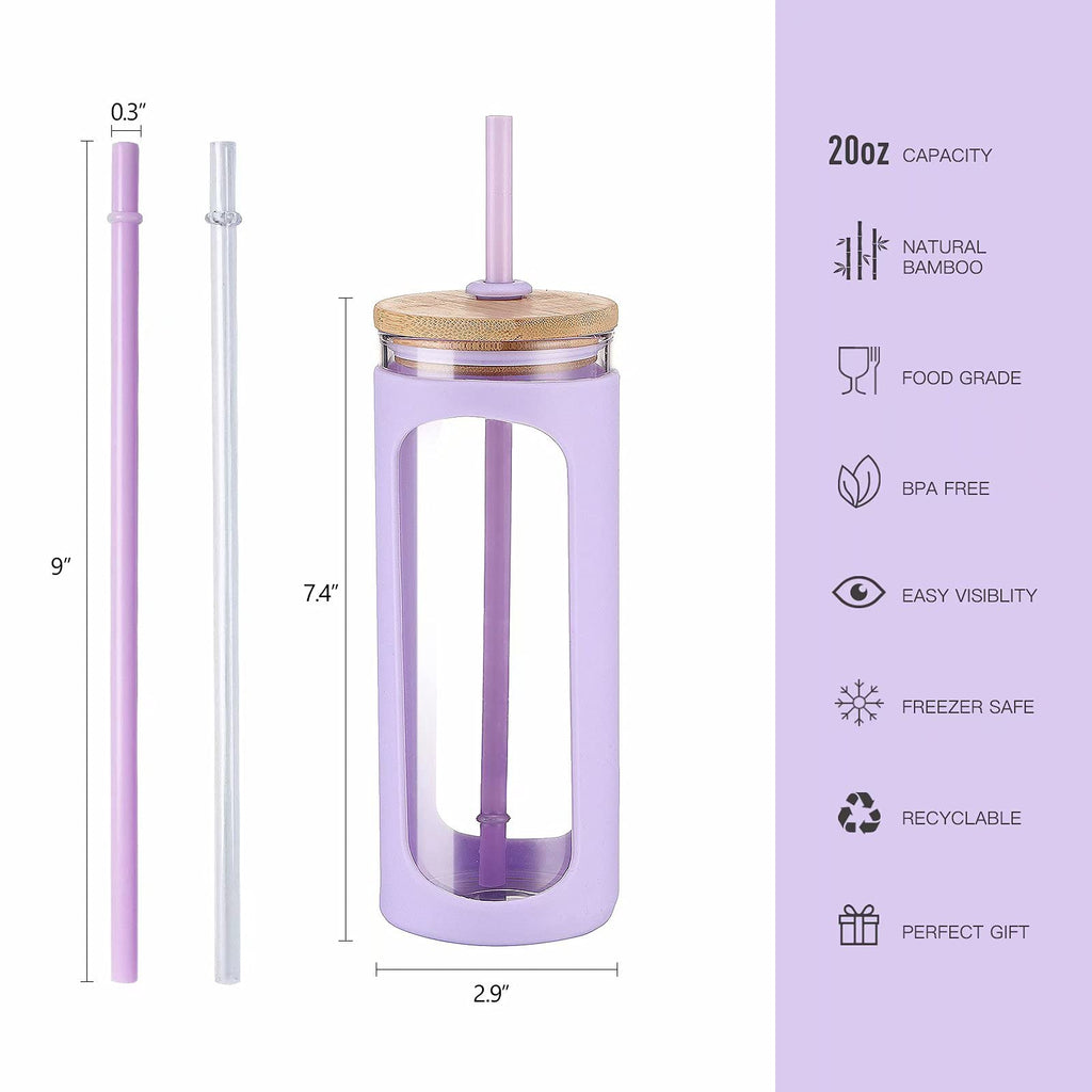 Kodrine 20oz Glass Tumbler with Straw and Lid, Bamboo Lids Water Bottle, Reusable Iced Coffee Cups, Wide Mouth Smoothie Cup with Protective Silicone Sleeve BPA FREE-Purple-2pack
