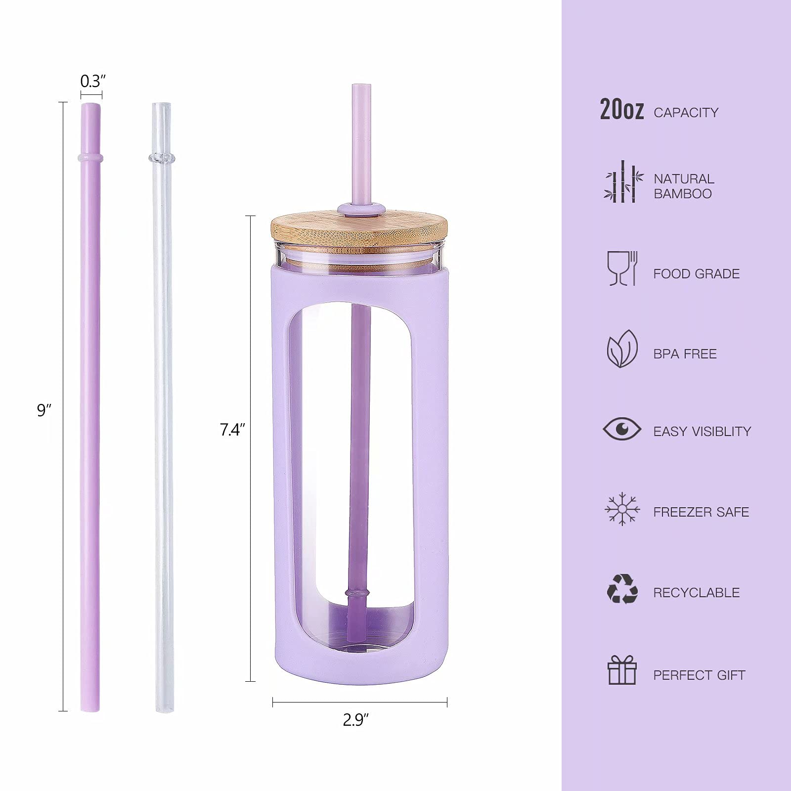 Kodrine 20oz Glass Tumbler with Straw and Lid, Bamboo Lids Water Bottle, Reusable Iced Coffee Cups, Wide Mouth Smoothie Cup with Protective Silicone Sleeve BPA FREE-Purple-2pack