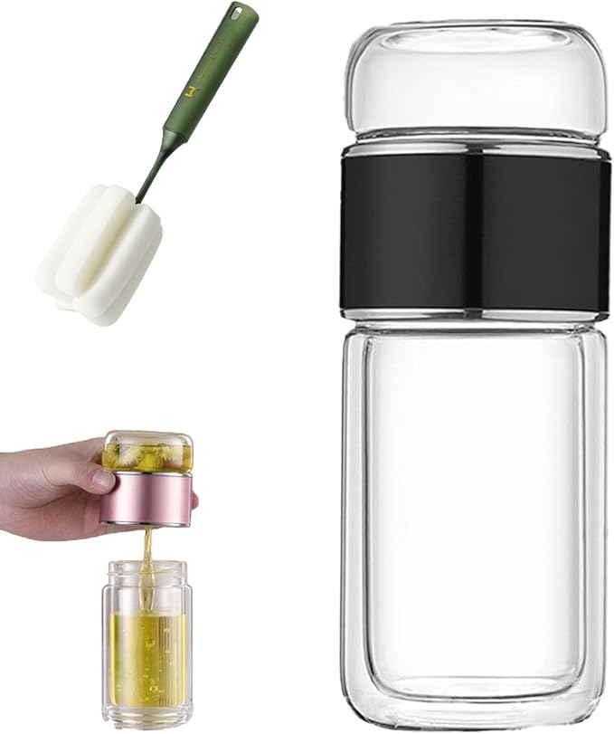 QUROXO 2025 New Glass Infuser, 3-In-1 Smart Tea Infuser with Cup Brush, Double-Layer Borosilicate Glass Tea infusers Separation Cup (Black