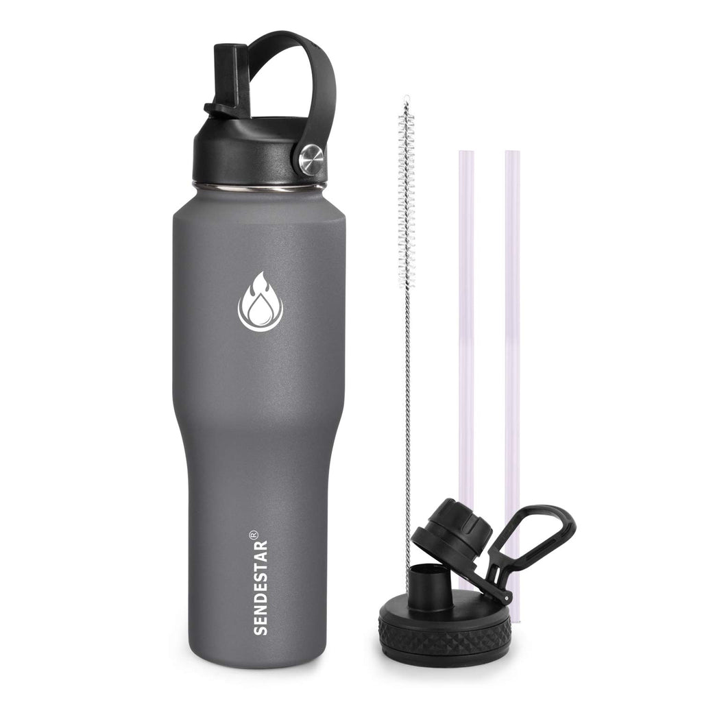 SENDESTAR Water Bottle 32oz,2 Lids(Straw lid),Wide Mouth Stainless Steel Vacuum Insulated Double Wall Keep Liquids Cold or Hot All Day,Sweat Proof Sport Design,Fit Car Cup Holder(Dark Gray)