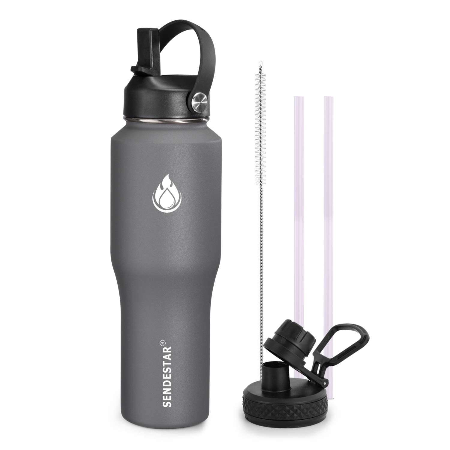 SENDESTAR Water Bottle 32oz,2 Lids(Straw lid),Wide Mouth Stainless Steel Vacuum Insulated Double Wall Keep Liquids Cold or Hot All Day,Sweat Proof Sport Design,Fit Car Cup Holder(Dark Gray)